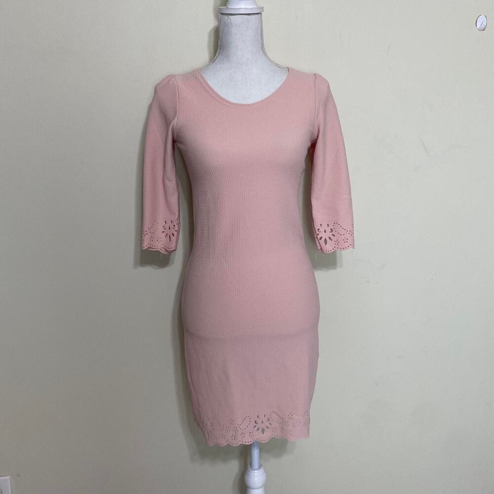 Women's Lace Trim Dress Puff Sleeve Bodycon‎ Dress - Small - Light Pink NEW
